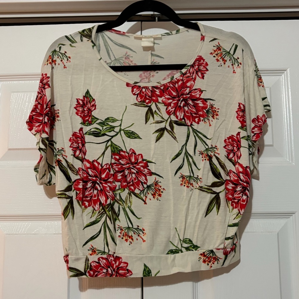 Cream and Red Floral Crop Top Tie Back